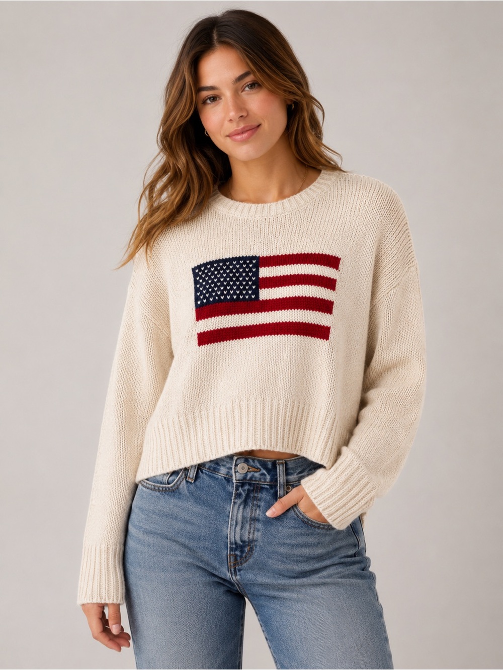 Francescas Womens S Beige American Flag Sweater Veteran USA Montauk Style July 4